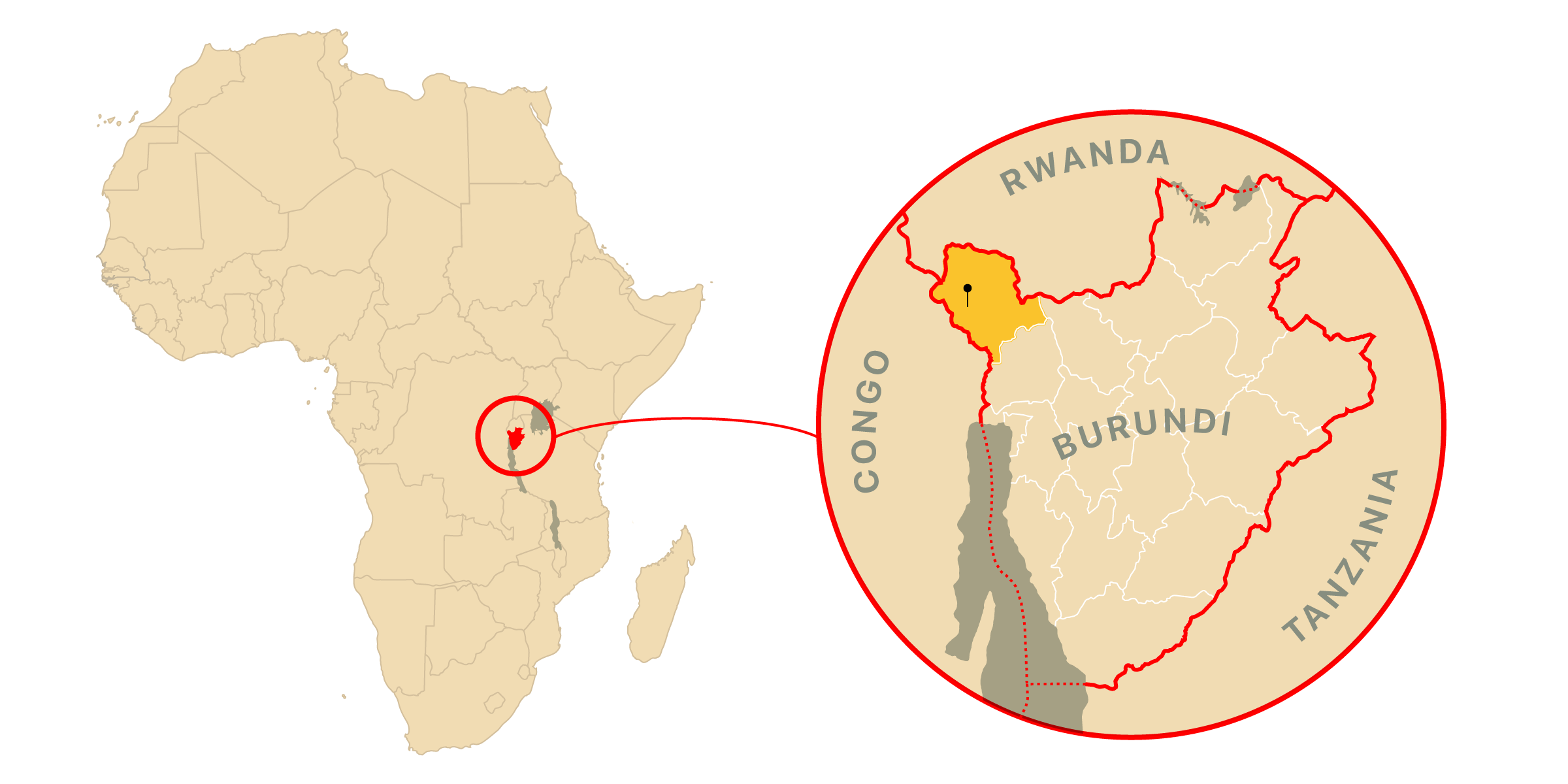 A map showing the location of Ubuntu Clinique and the country of Burundi within Africa